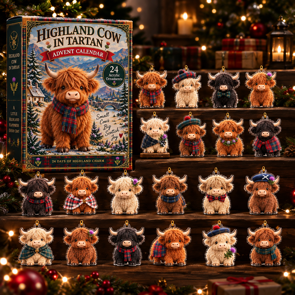 24 Days of  Highland Cow In Tartan - 2026 Advent Calendar Blind Box of 24 Ornaments