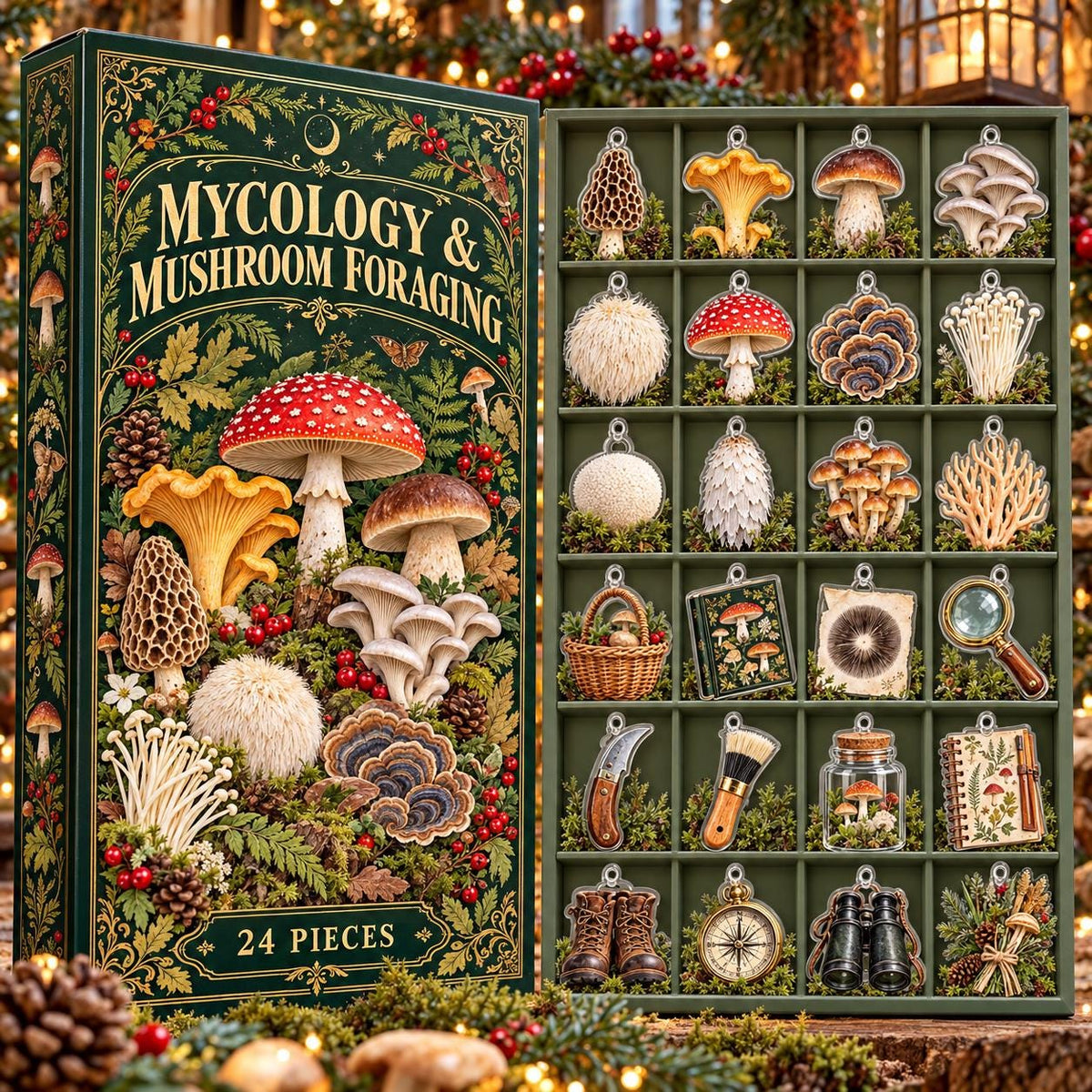 Mushroom Foraging Advent Calendar, 24 Acrylic Fungi Ornaments, Mycology Gift, Woodland Christmas Countdown Box, Mushroom Lover Christmas
