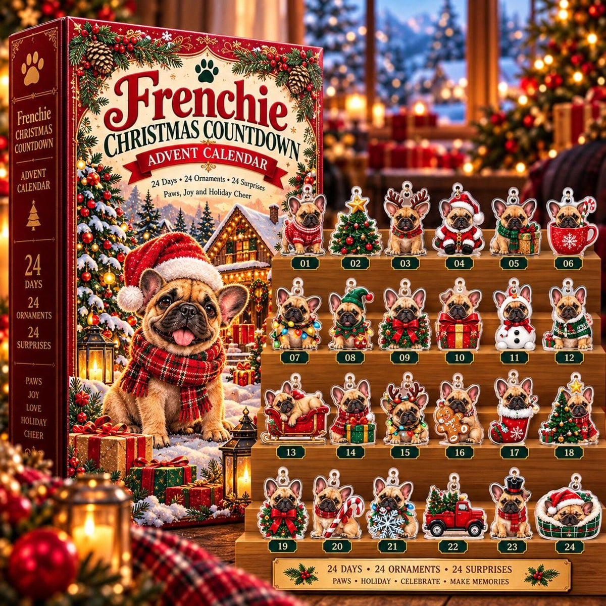 Frenchie Christmas Countdown Advent Calendar 2026, 24 Days of Paws and Holiday Cheer, Cute Bulldog Acrylic Ornaments for Pets