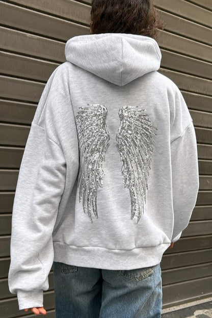 Solid Sequin Wing Graphic Relaxed Hoodie