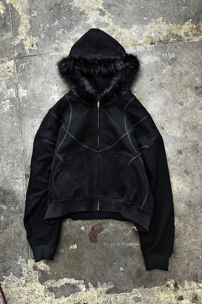 Faux-Fur Hood Graphic Zip-Up Hoodie