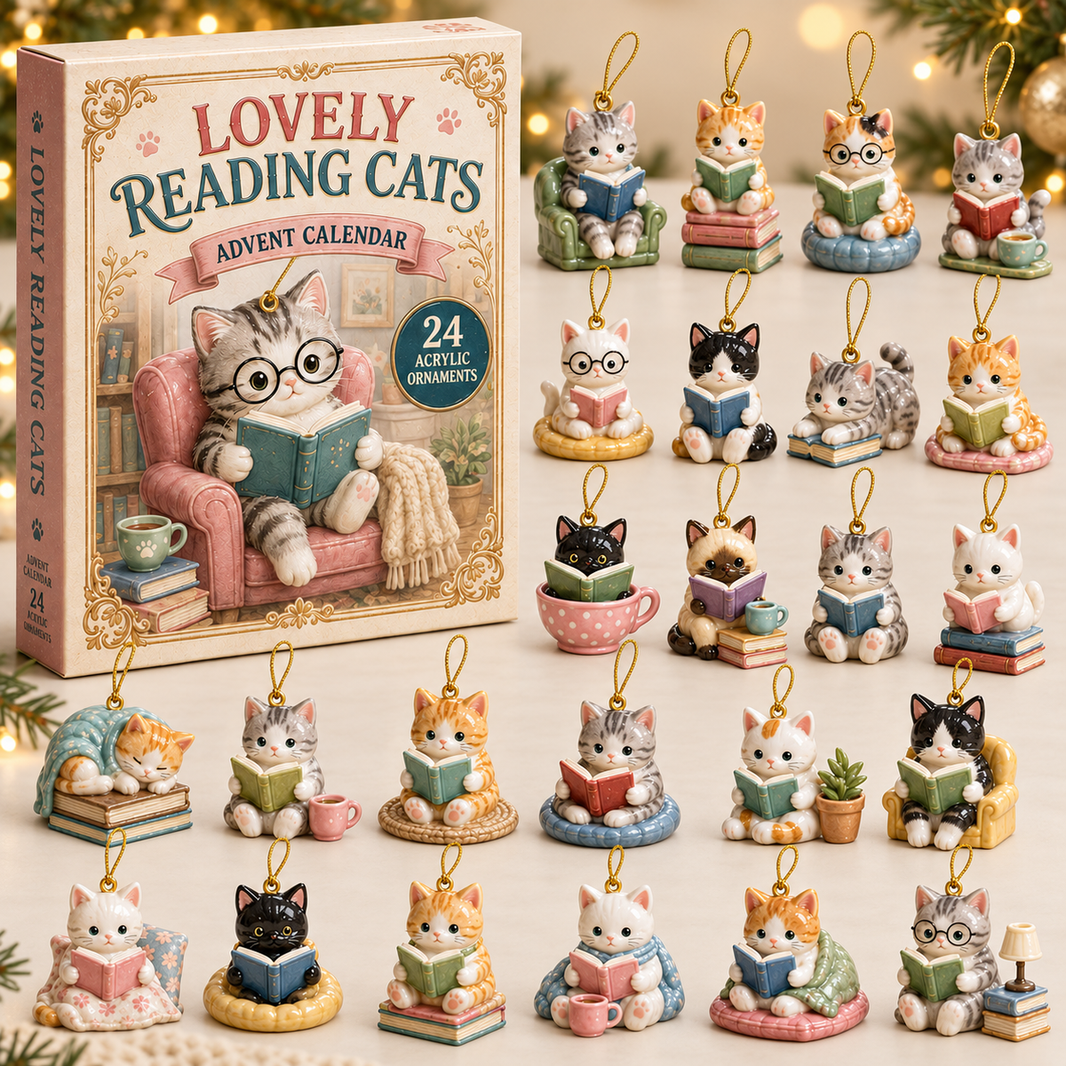 Bookish Cats Advent Calendar 2026 - 24-Day Festive Countdown, Acrylic Charms Blind Box - Gift For Cat Lovers