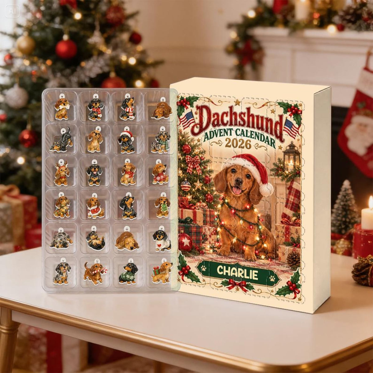 Personalized Dachshund Advent Calendar, 24 Acrylic Charms, Custom Dog Name, Holiday Countdown, Wiener Dog Lover Gift