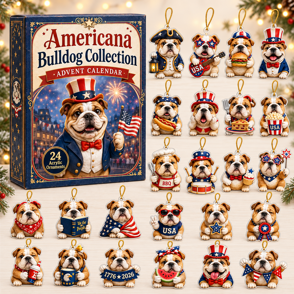 Americana Bulldog Collection Advent Calendar 2026 - 24-Day Festive Countdown, Acrylic Charms Blind Box - Gift For Bulldog Lovers