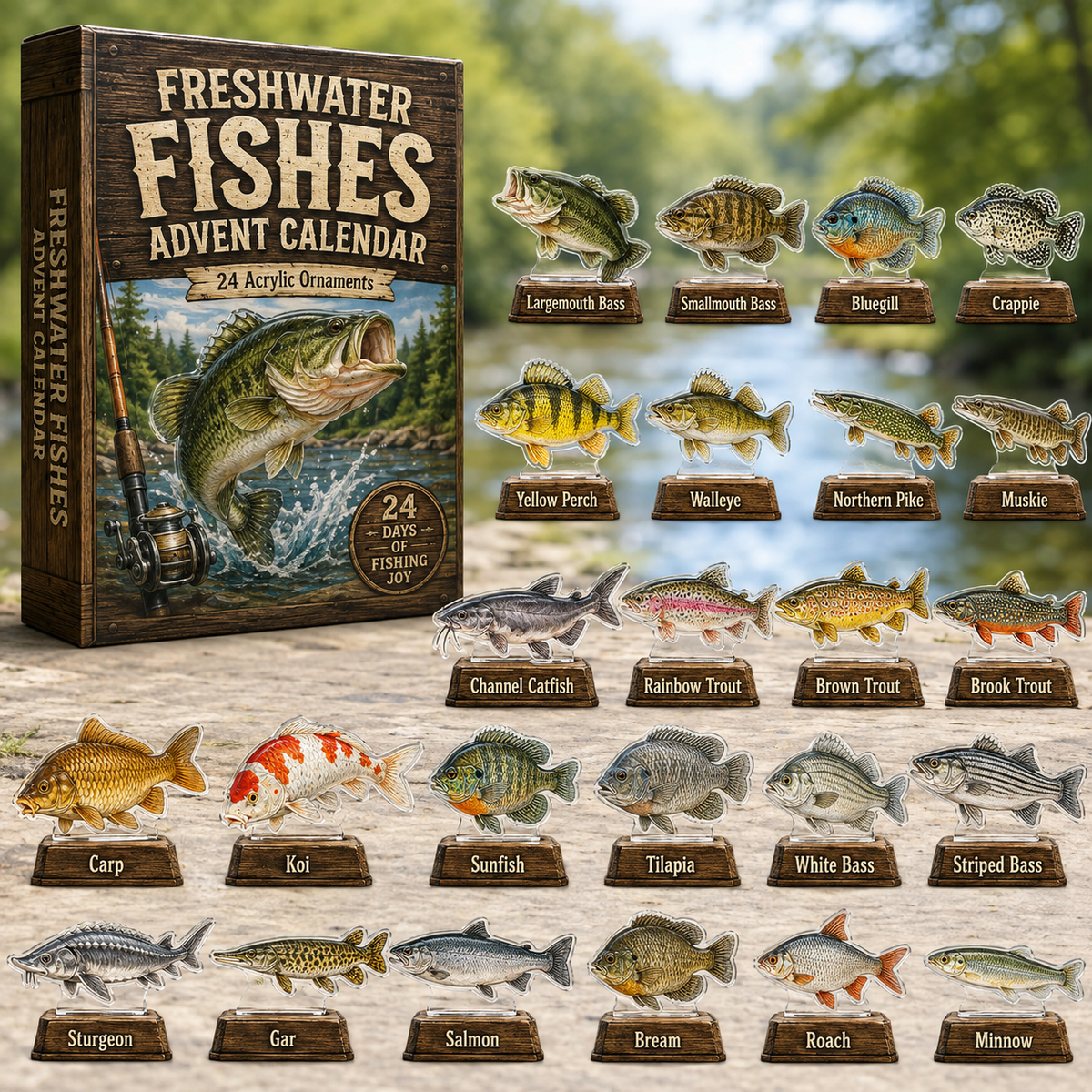 Freshwater Fishing Species Advent Calendar 2026 - 24-Day Festive Countdown, Acrylic Charms Blind Box - Gift For Fishing Lovers