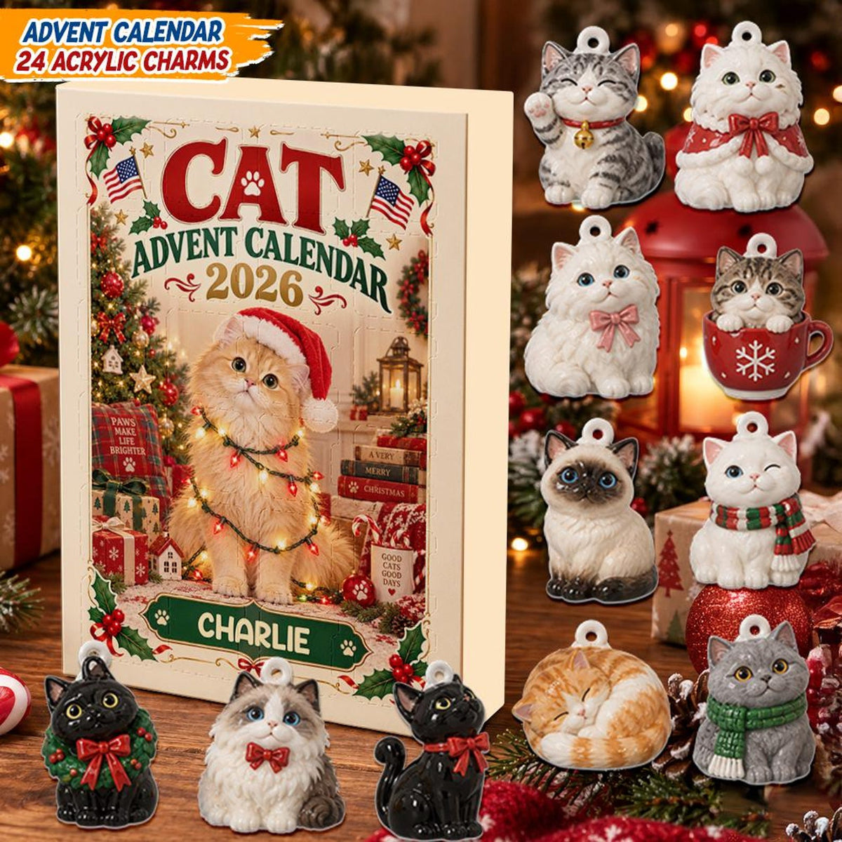 Personalized Cat Advent Calendar 2026, 24 Acrylic Charms, Christmas Countdown Gift for Cat Lovers