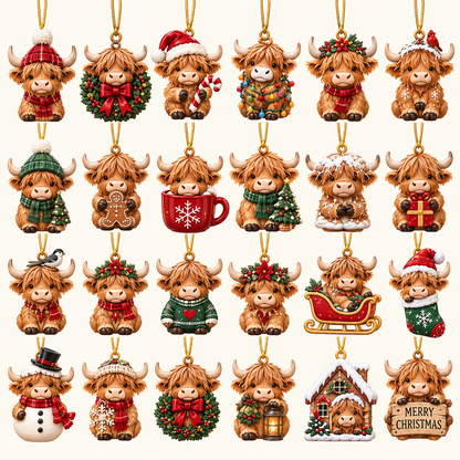 Highland Cow Christmas Advent Calendar 2026, 24-Day Holiday Countdown with 24 Hanging Cow Charms, Art Nouveau Christmas Gift
