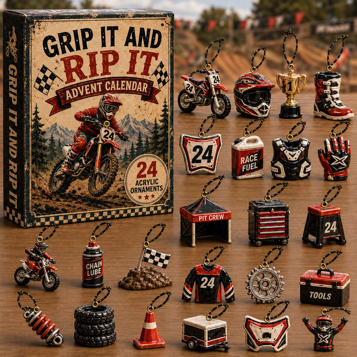 Race Pit Advent Calendar 2026 - 24-Day Festive Countdown, Acrylic Charms Blind Box - Gift For Motor Lovers
