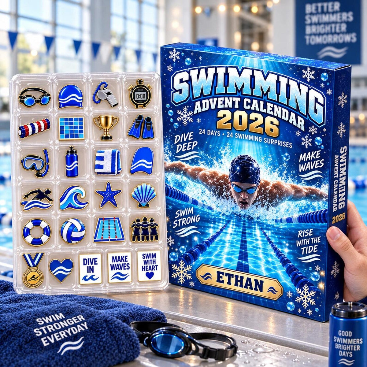 Personalized Swimming Advent Calendar: Custom Name 24 Day Swimmer Blind Box