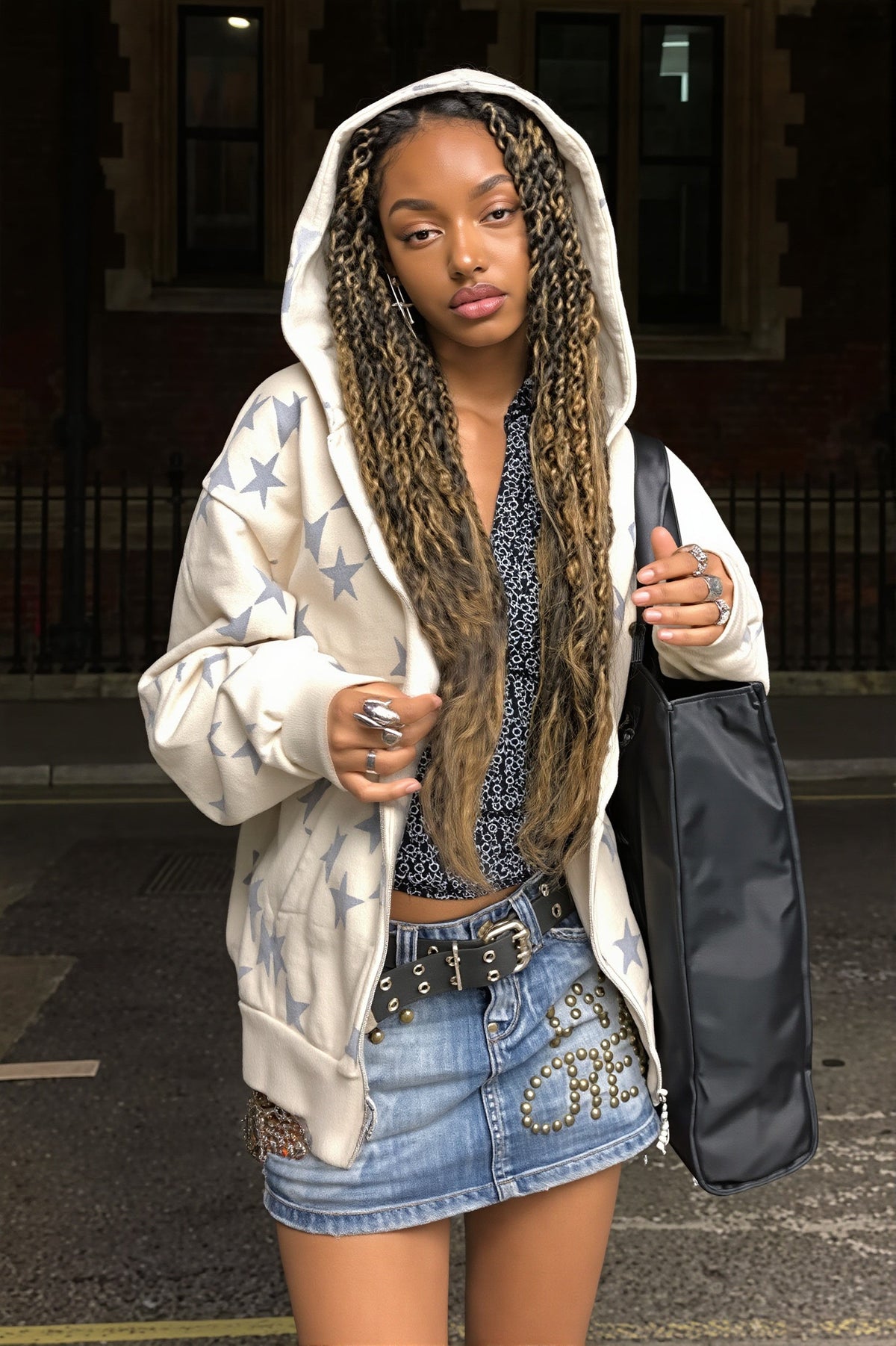 Star Print Oversize Pocket Zip Hoodie
