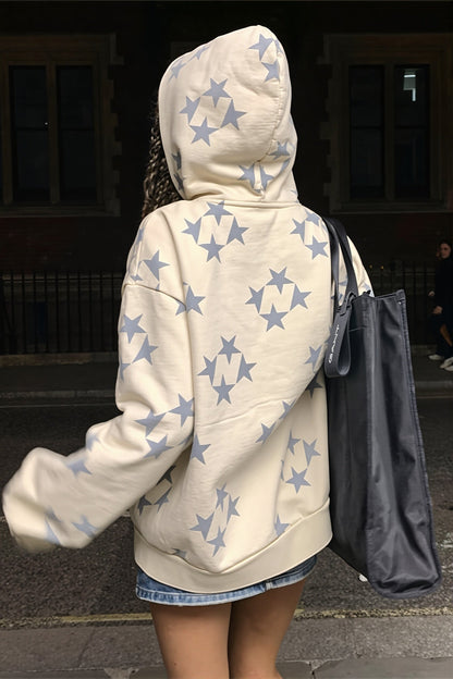 Star Print Oversize Pocket Zip Hoodie