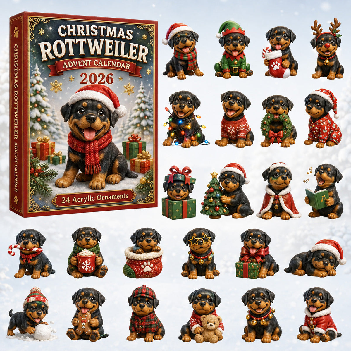 Christmas Rottweiler Advent Calendar 2026 - 24-Day Festive Countdown, Acrylic Charms Blind Box - Gift For Rottweiler Lovers