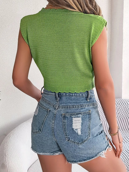 Leaf Hollow Out Cropped Knit Vacation Tank Top