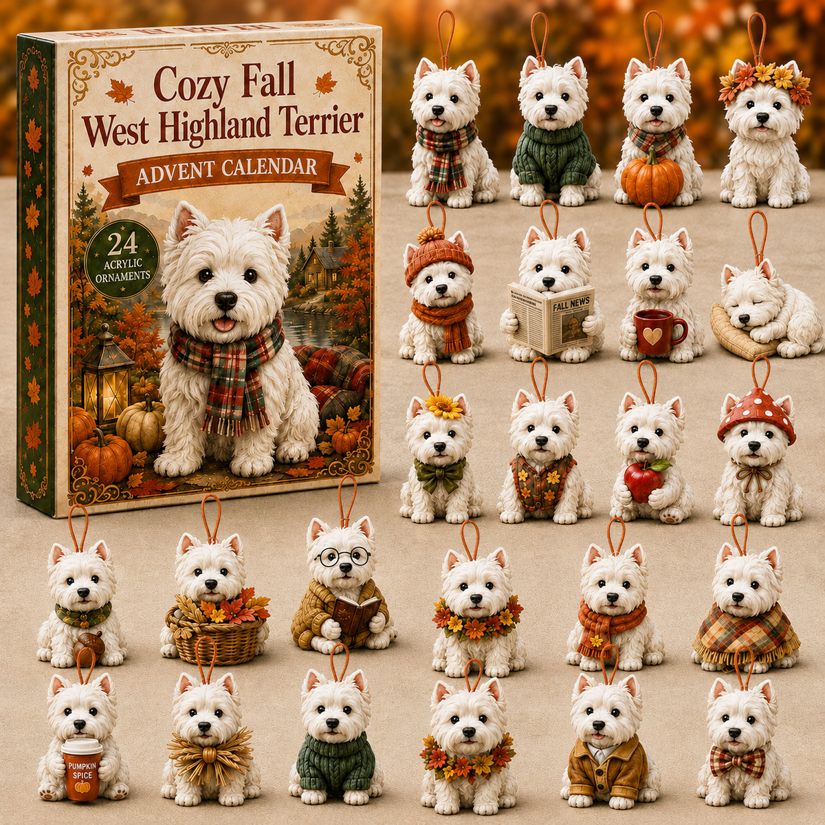 Cozy Fall West Highland Terrier Advent Calendar 2026 - 24-Day Festive Countdown, Acrylic Charms Blind Box - Gift For West Highland Terrier Lovers