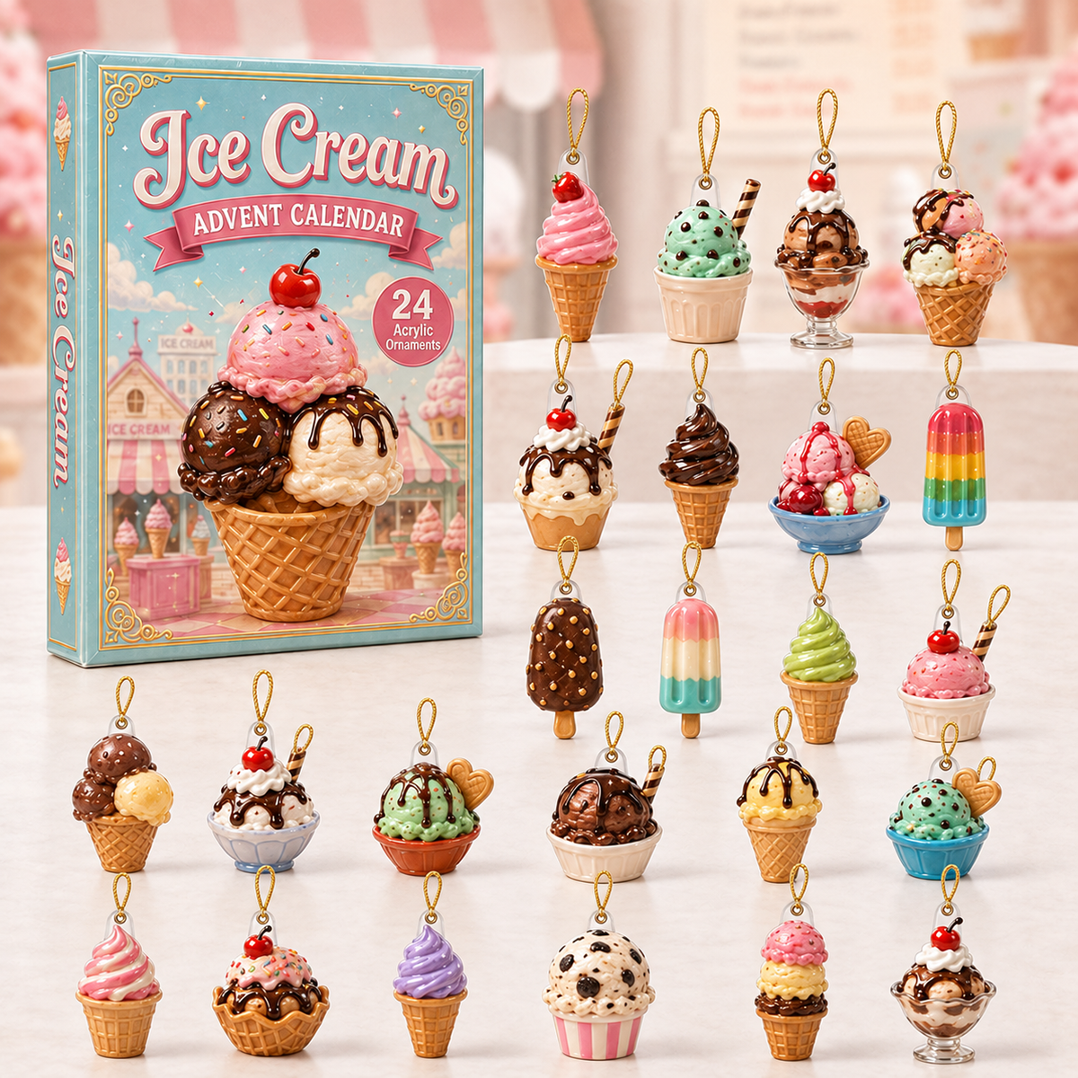 Ice Cream Sweet Treat Advent Calendar 2026 - 24-Day Festive Countdown, Acrylic Charms Blind Box - Gift For Dessert Lovers
