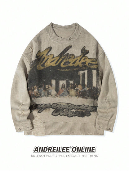 Men's Street Style French Oil Painting Print Distressed Long Sleeve Sweater