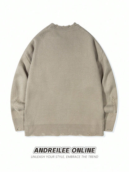 Men's Street Style French Oil Painting Print Distressed Long Sleeve Sweater