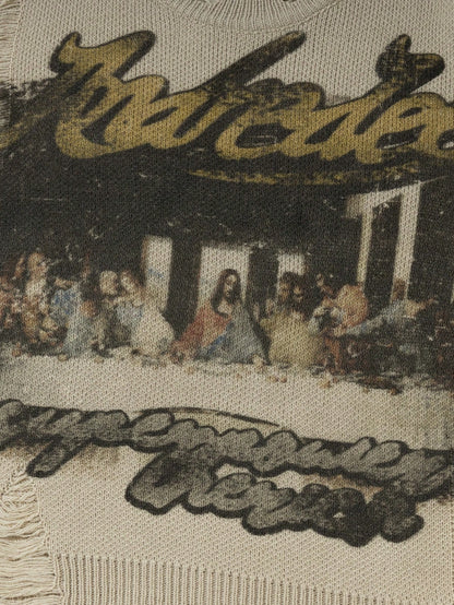 Men's Street Style French Oil Painting Print Distressed Long Sleeve Sweater