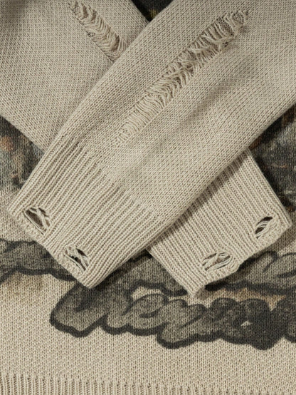 Men's Street Style French Oil Painting Print Distressed Long Sleeve Sweater