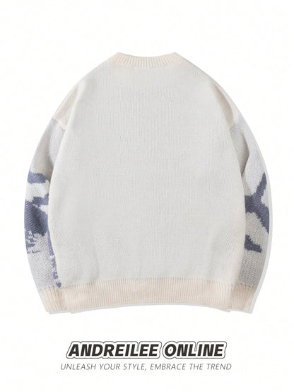 New Men's Spring Autumn Winter Asymmetric Pattern Color Block Long Sleeve Sweater