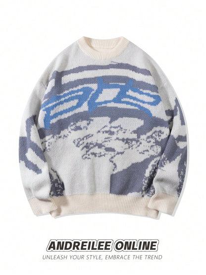 New Men's Spring Autumn Winter Asymmetric Pattern Color Block Long Sleeve Sweater