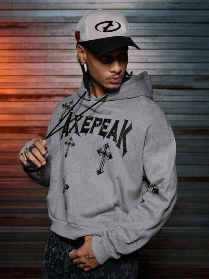 AXEPEAK Grey Gothic Cross Print Polyester Hoodie
