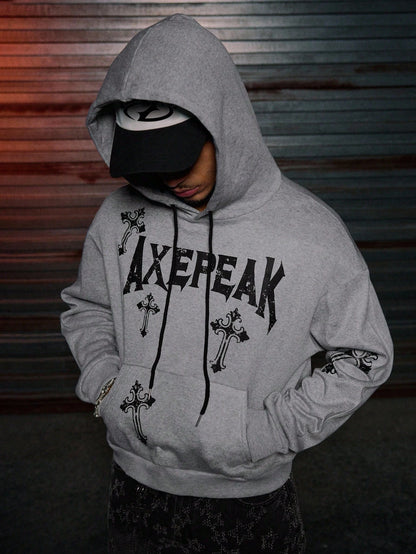 AXEPEAK Grey Gothic Cross Print Polyester Hoodie