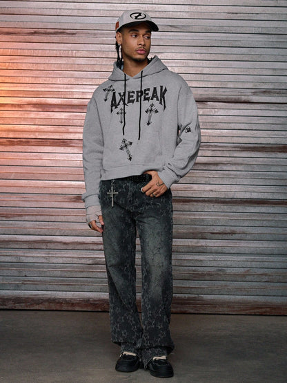AXEPEAK Grey Gothic Cross Print Polyester Hoodie