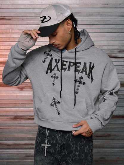 AXEPEAK Grey Gothic Cross Print Polyester Hoodie