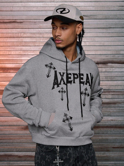 AXEPEAK Grey Gothic Cross Print Polyester Hoodie