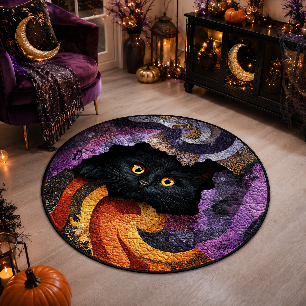 Adorable Black Cat Yellow Eyes Swirl Pattern Halloween Quilt Round Rug