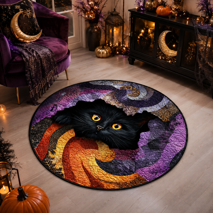 Adorable Black Cat Yellow Eyes Swirl Pattern Halloween Quilt Round Rug