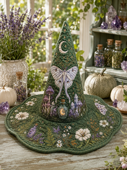 Amethyst Crystal & Luna Moth Botanical Halloween Quilt Witch Hat