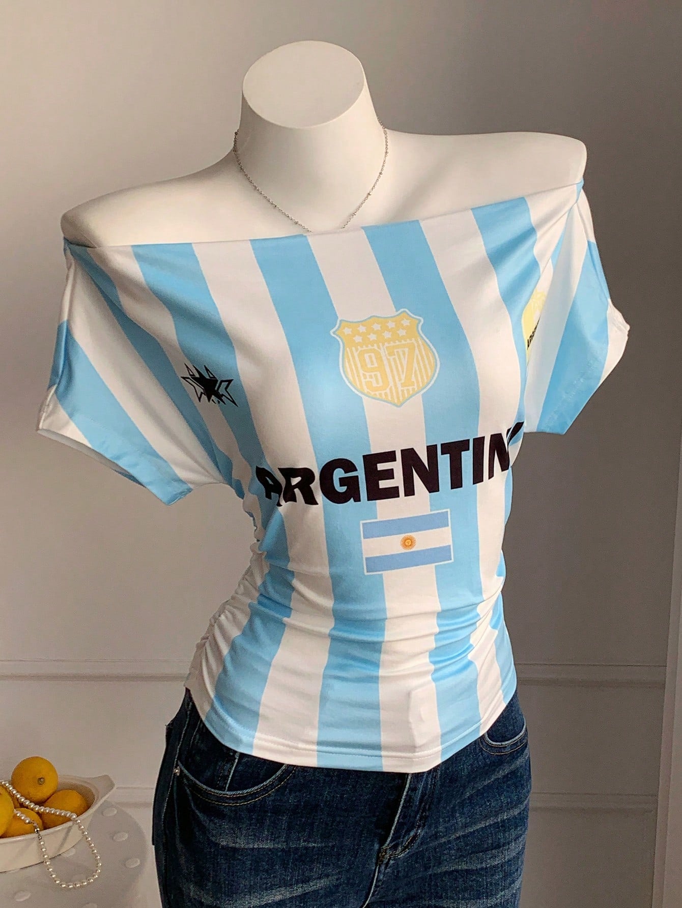 Argentina Off-Shoulder Striped Crop Jersey