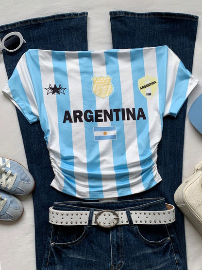 Argentina Off-Shoulder Striped Crop Jersey
