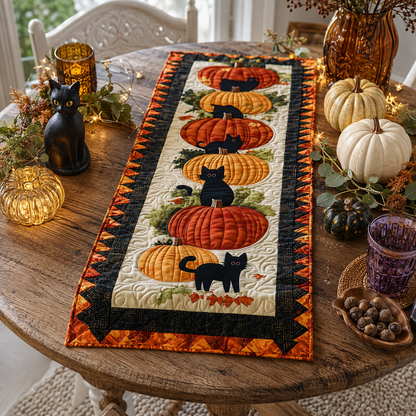 Autumn Black Cat Pumpkin Patch Halloween Quilted Table Runner