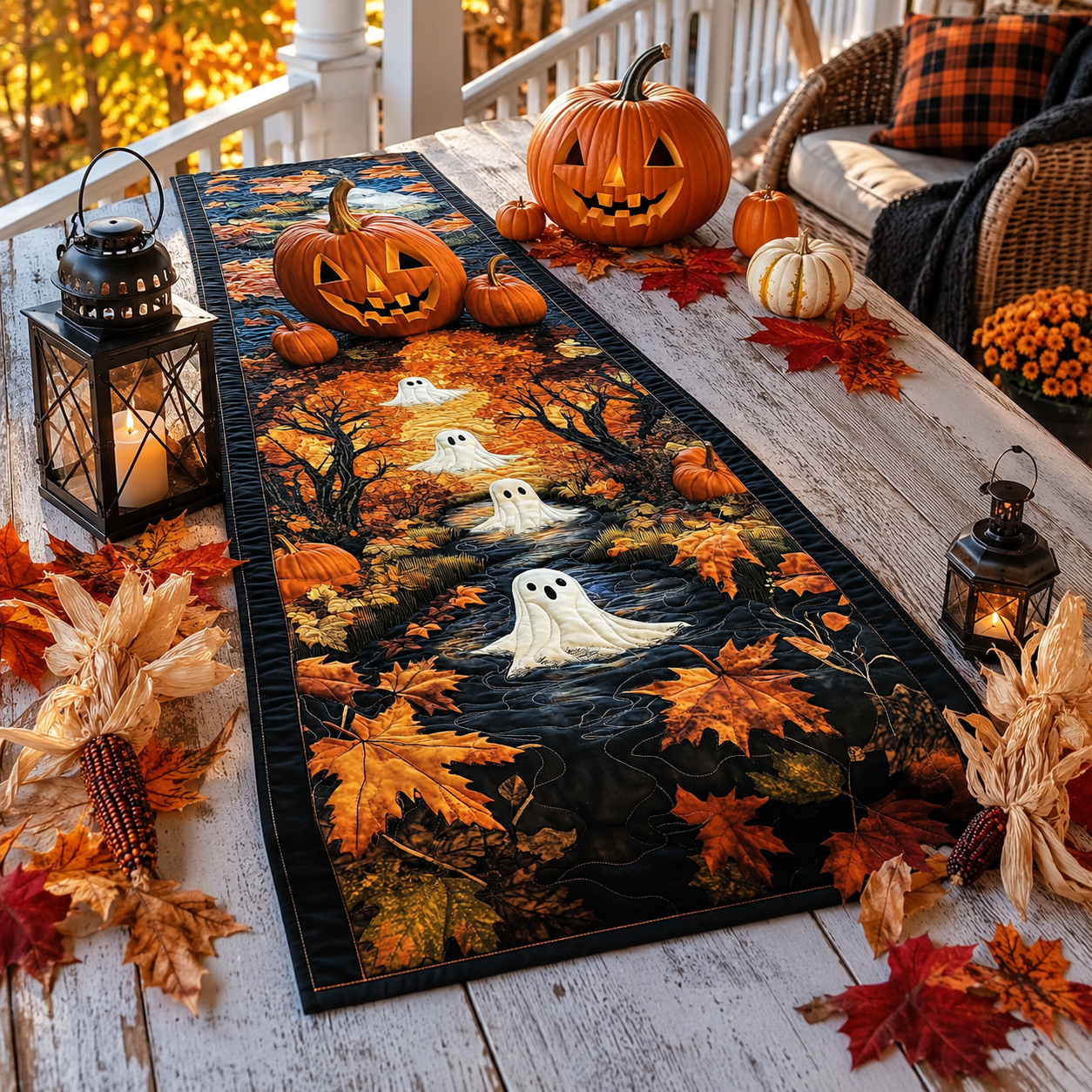 Autumn Ghost Forest Halloween Quilted Table Runner