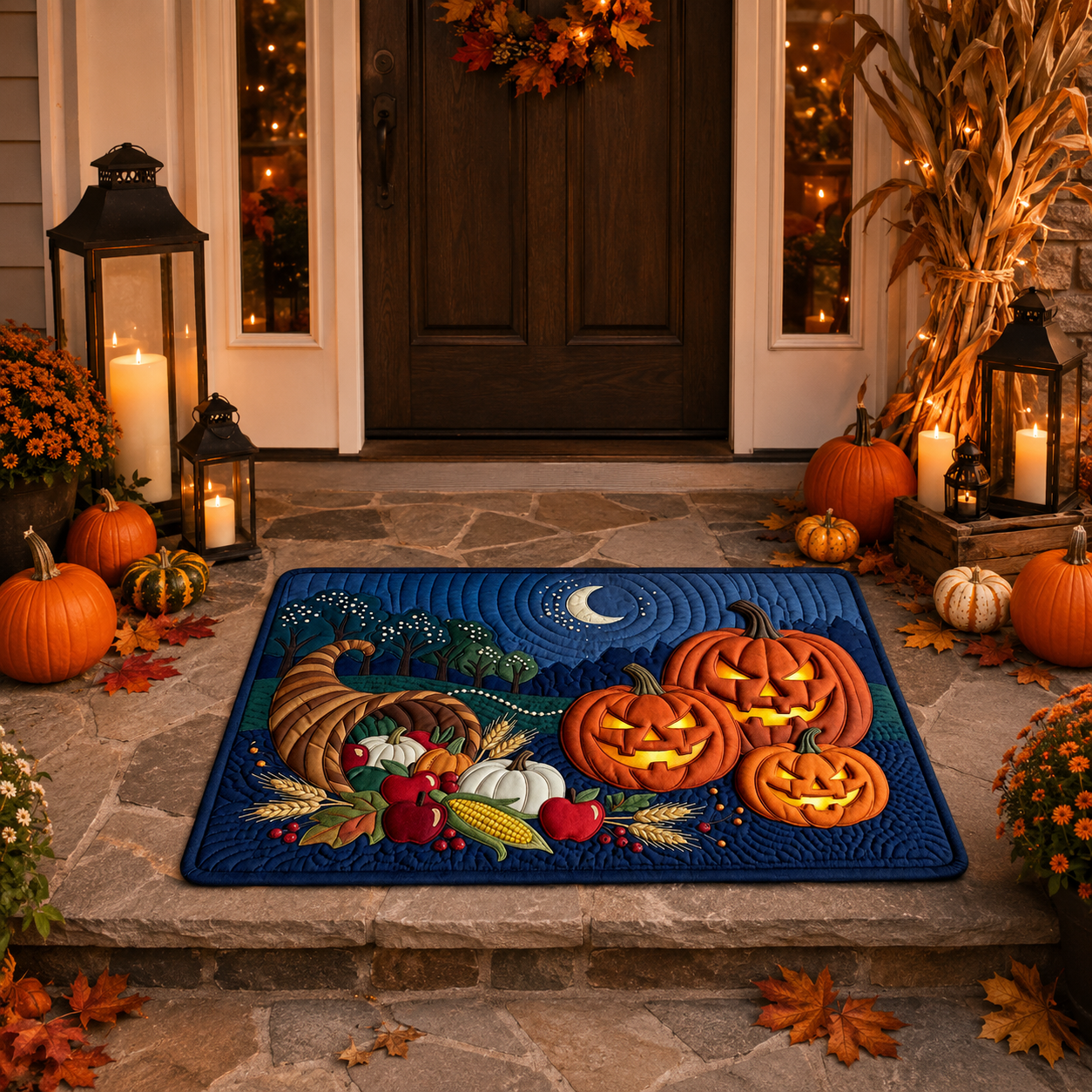 Autumn Harvest Cornucopia Jack O Lantern Halloween Gate Doormat