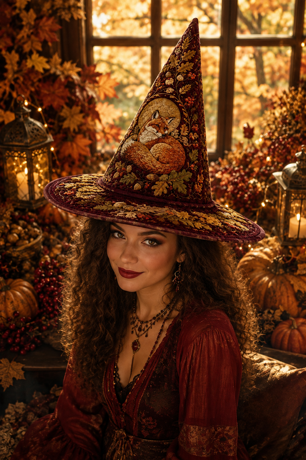 Autumn Red Fox & Oak Leaf Acorn Halloween Quilt Witch Hat