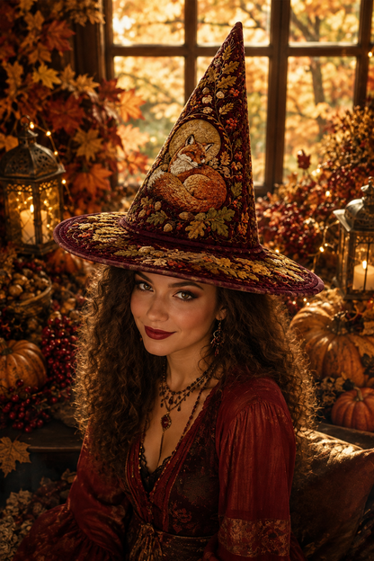 Autumn Red Fox & Oak Leaf Acorn Halloween Quilt Witch Hat
