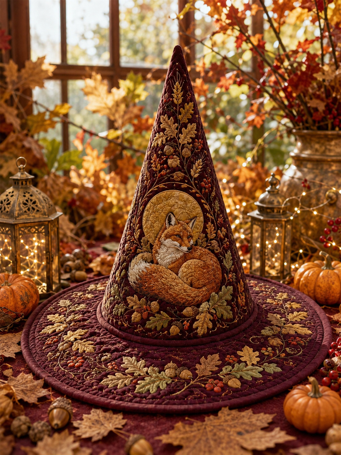 Autumn Red Fox & Oak Leaf Acorn Halloween Quilt Witch Hat