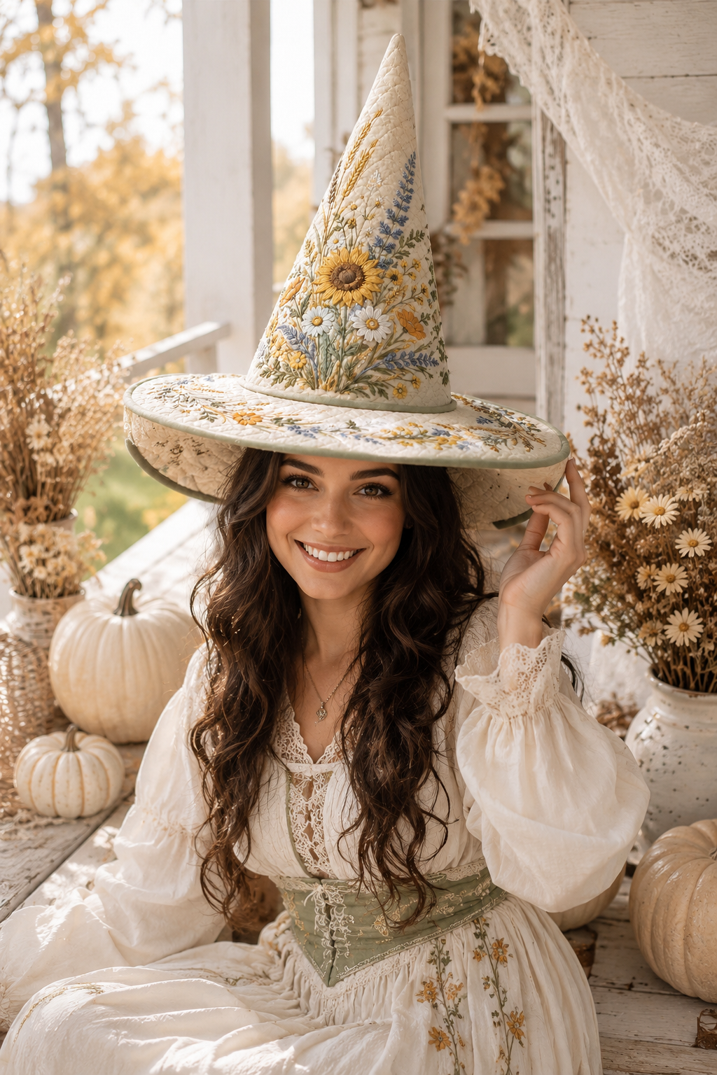 Autumn Sunflower & Wheat Wildflower Halloween Quilt Witch Hat