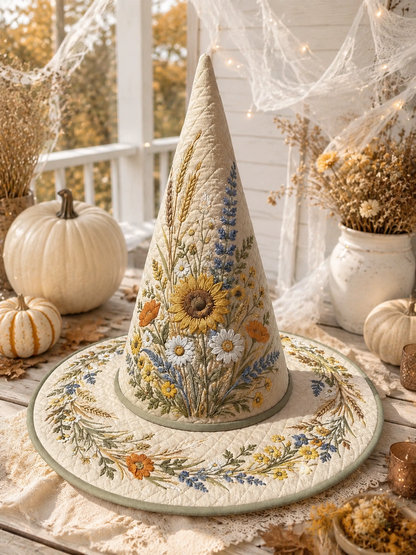 Autumn Sunflower & Wheat Wildflower Halloween Quilt Witch Hat