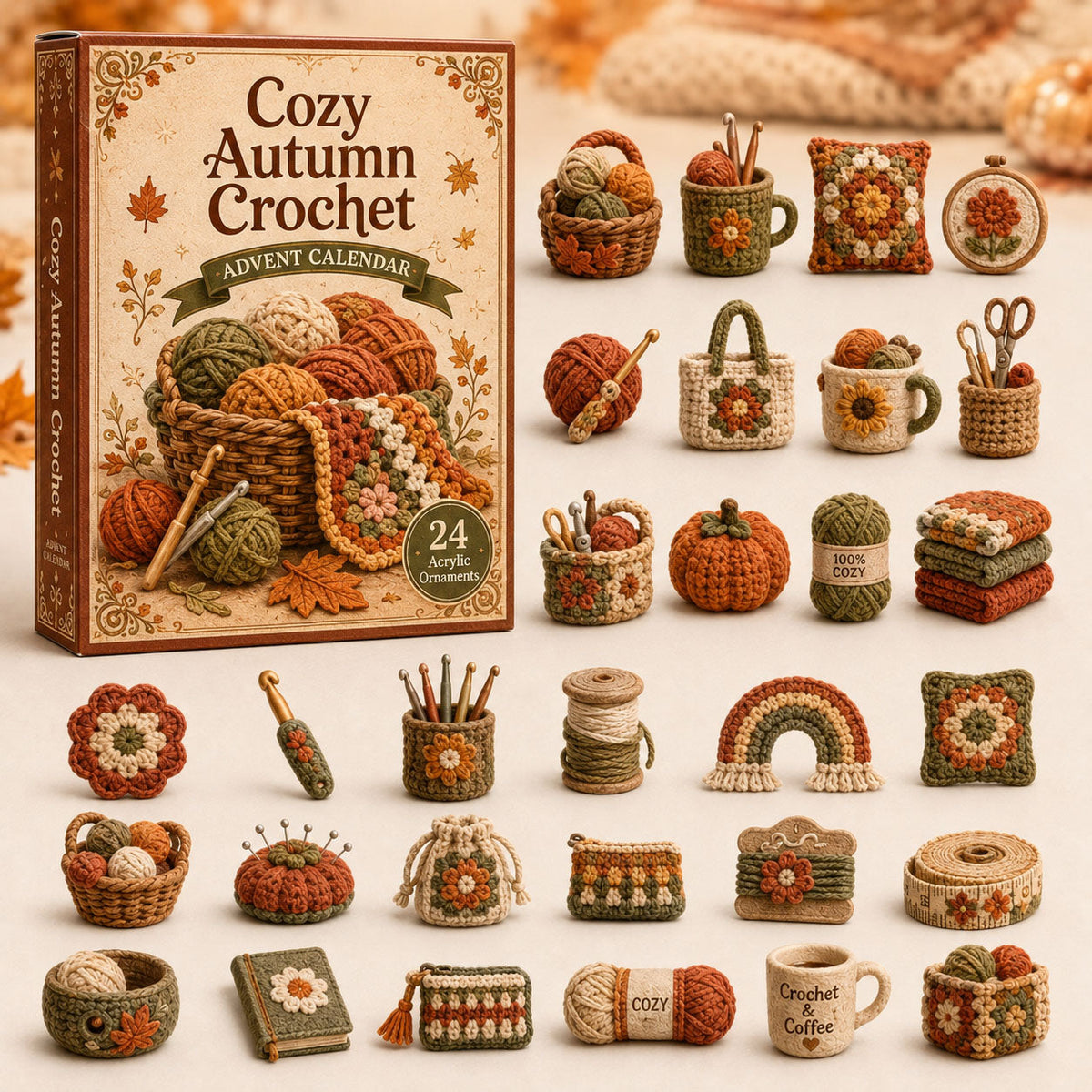 CHRISTMAS KICKOFF 40% OFF - Autumn Vibe Crochet Advent Calendar 2026 - 24-Day Festive Countdown, Acrylic Charms Blind Box - Gift For Crochet Lovers