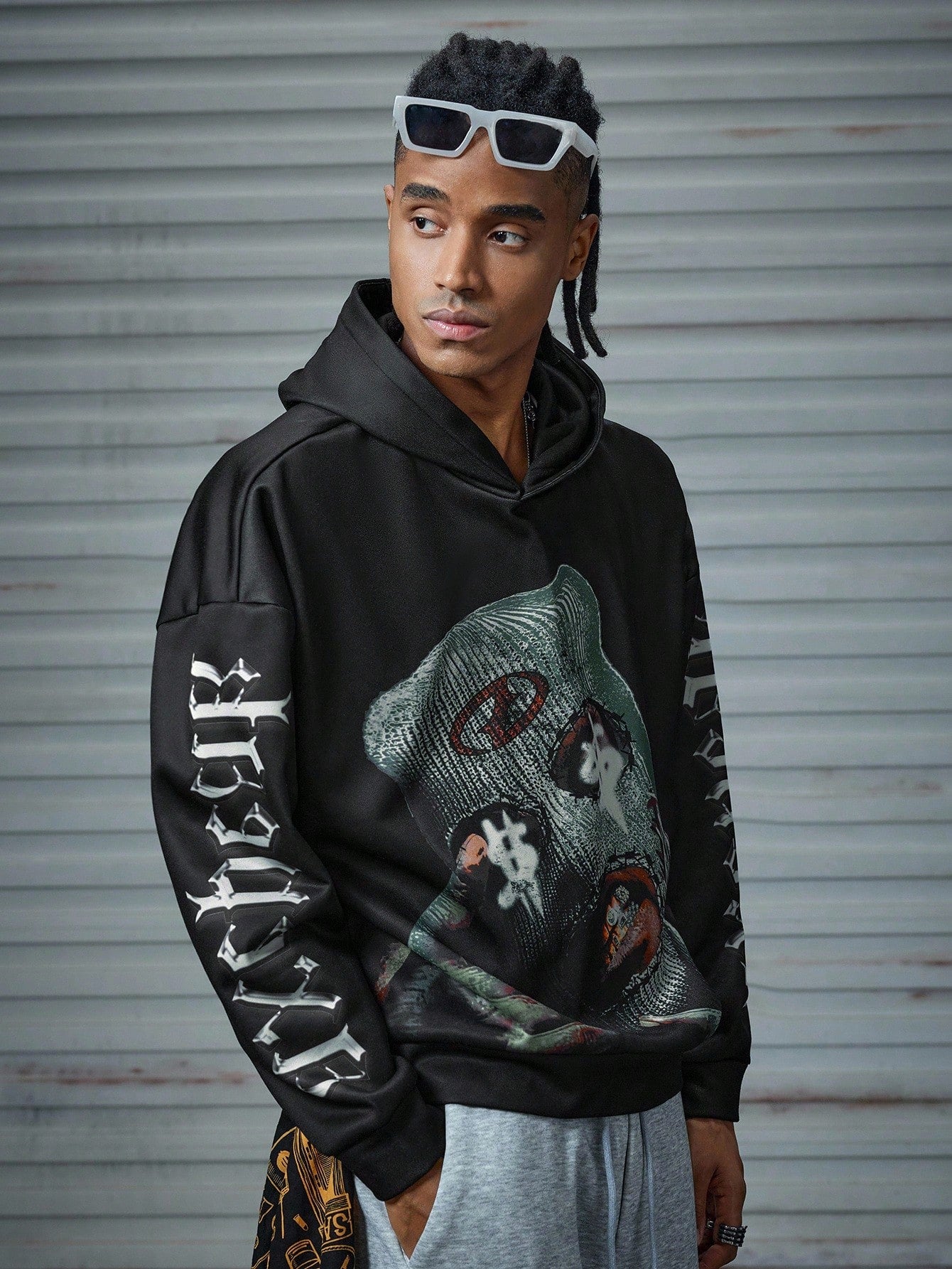 Balaclava Graphic Printed Black Oversized Hoodie