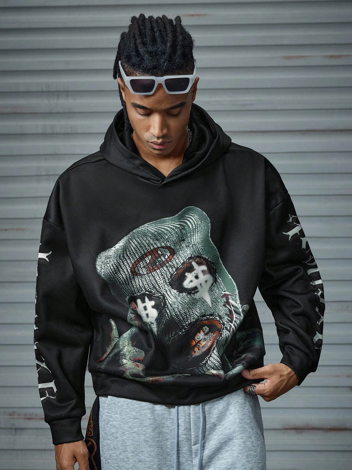 Balaclava Graphic Printed Black Oversized Hoodie