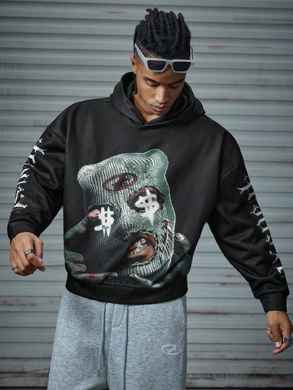Balaclava Graphic Printed Black Oversized Hoodie