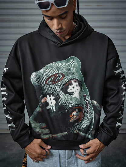 Balaclava Graphic Printed Black Oversized Hoodie
