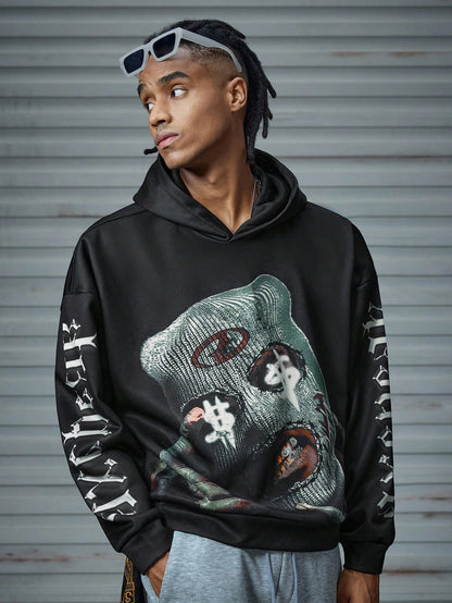 Balaclava Graphic Printed Black Oversized Hoodie