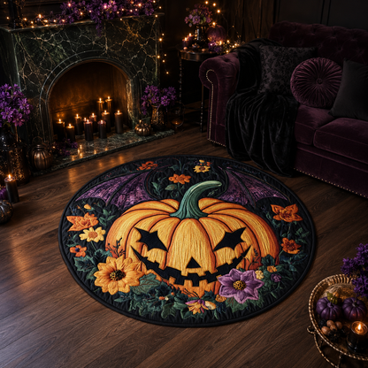Bat Wings Pumpkin Floral Gothic Halloween Quilt Round Rug